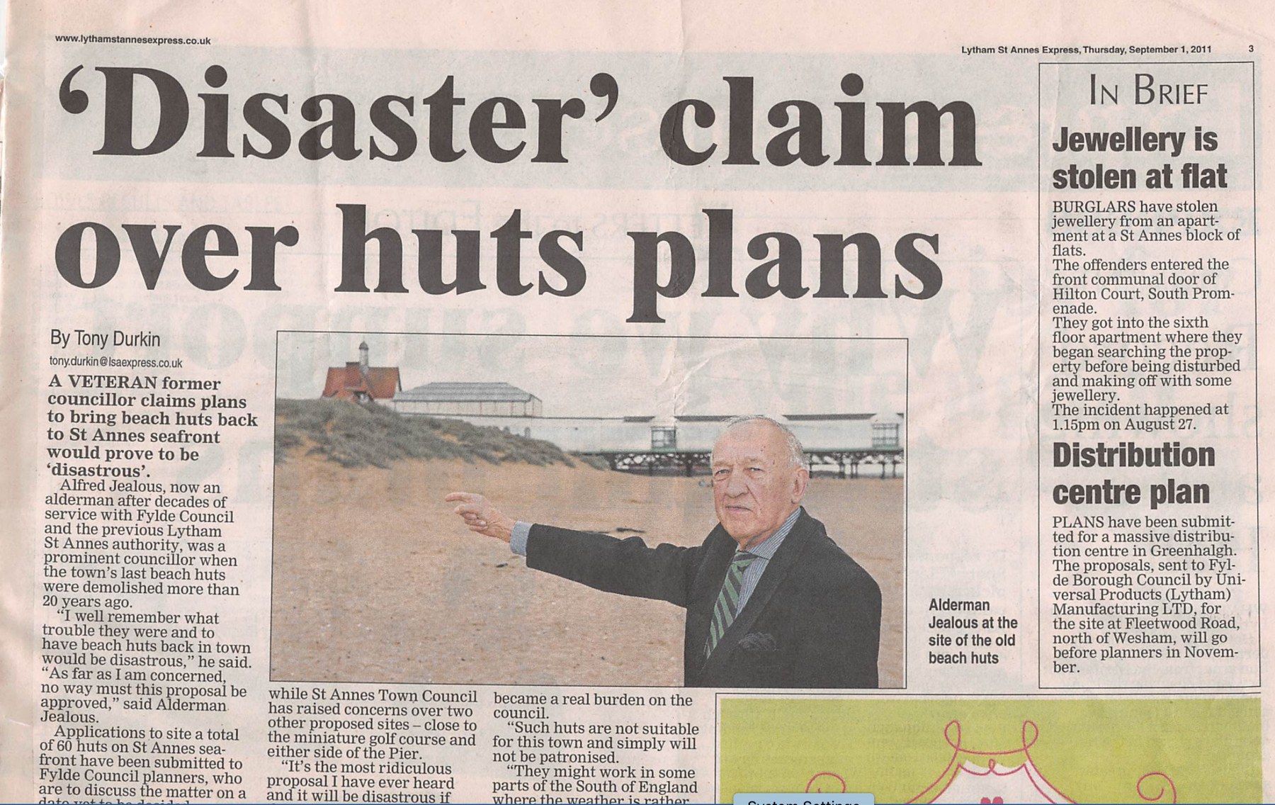 Newspaper clipping headed “‘Disaster’ claim over huts plans”