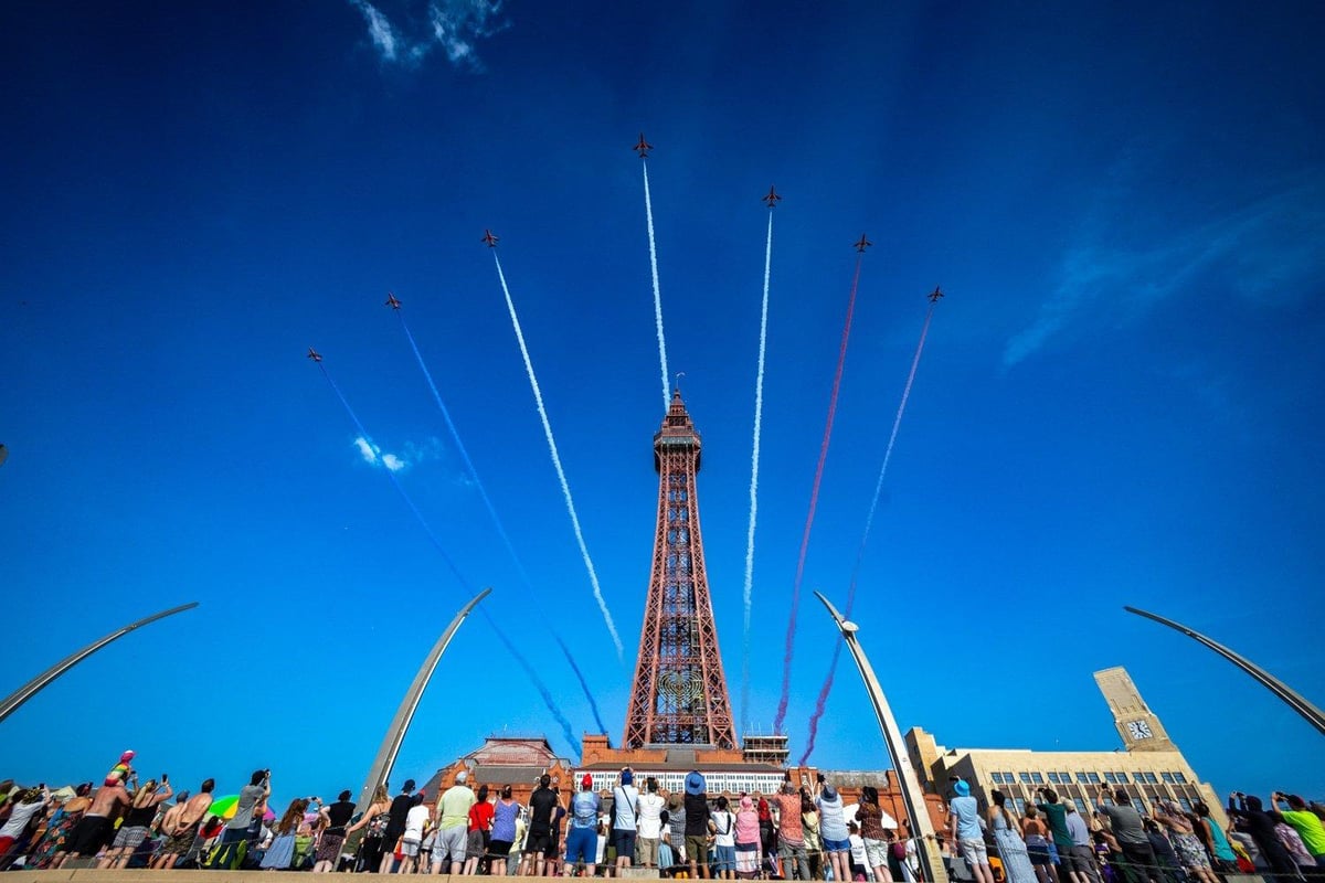 Aircraft flying past Blackpool Tower during the air show